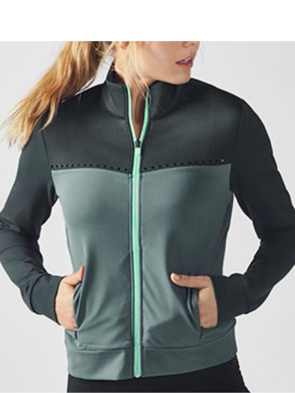 Fabletics Women's XXS Two-Tone Green Full-Zip Track Jacket Pockets EUC
